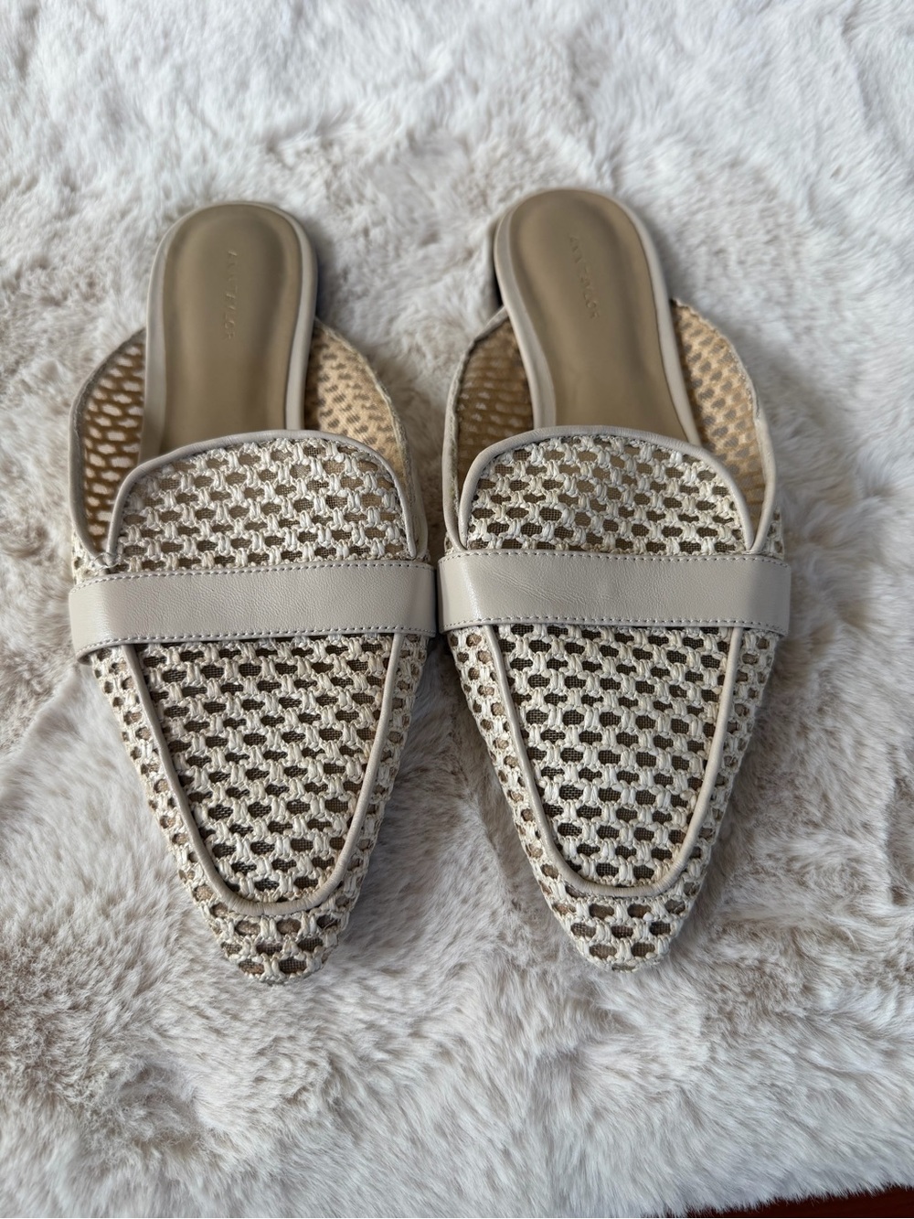 Ann Taylor Beige Woven Pointed-Toe Slide Mules